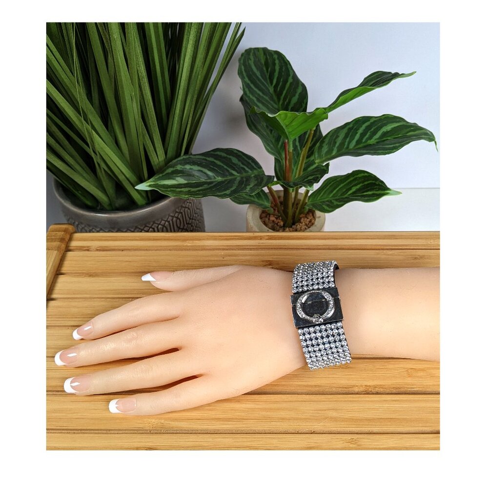 JLO Jennifer Lopez Silver Tone Wide Rhinestone Cuff Bracelet Magnetic Clasp NWT